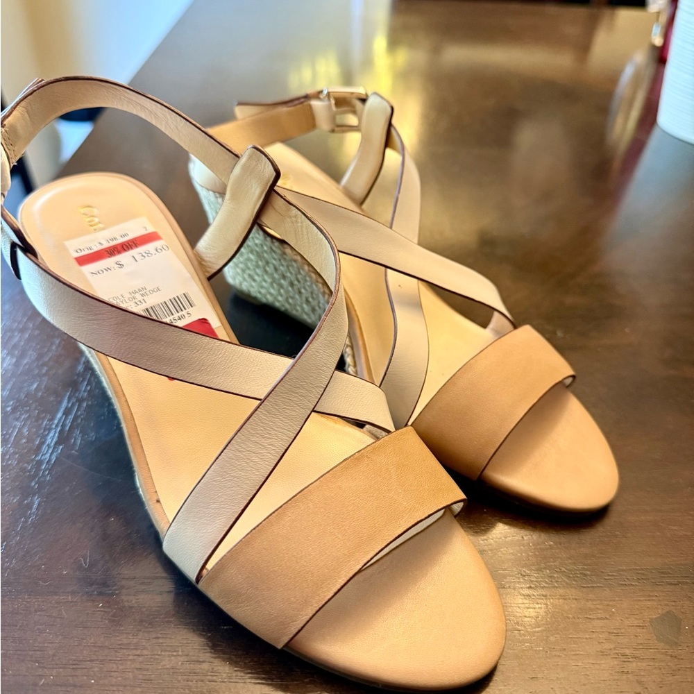 Cole Haan Elegant Beige Strappy Wedge Sandals